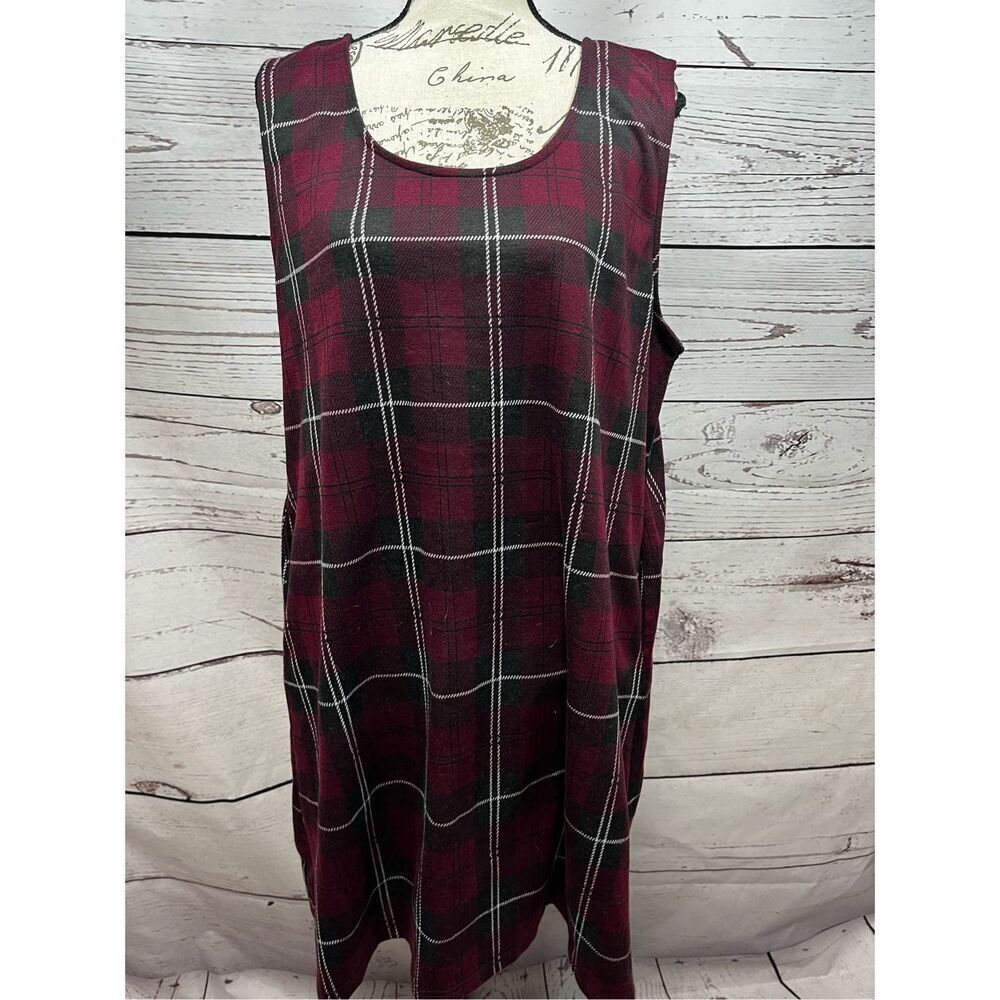 Suzanne Betro Plaid‎ Sleeveless Dress Burgundy Black White 1X